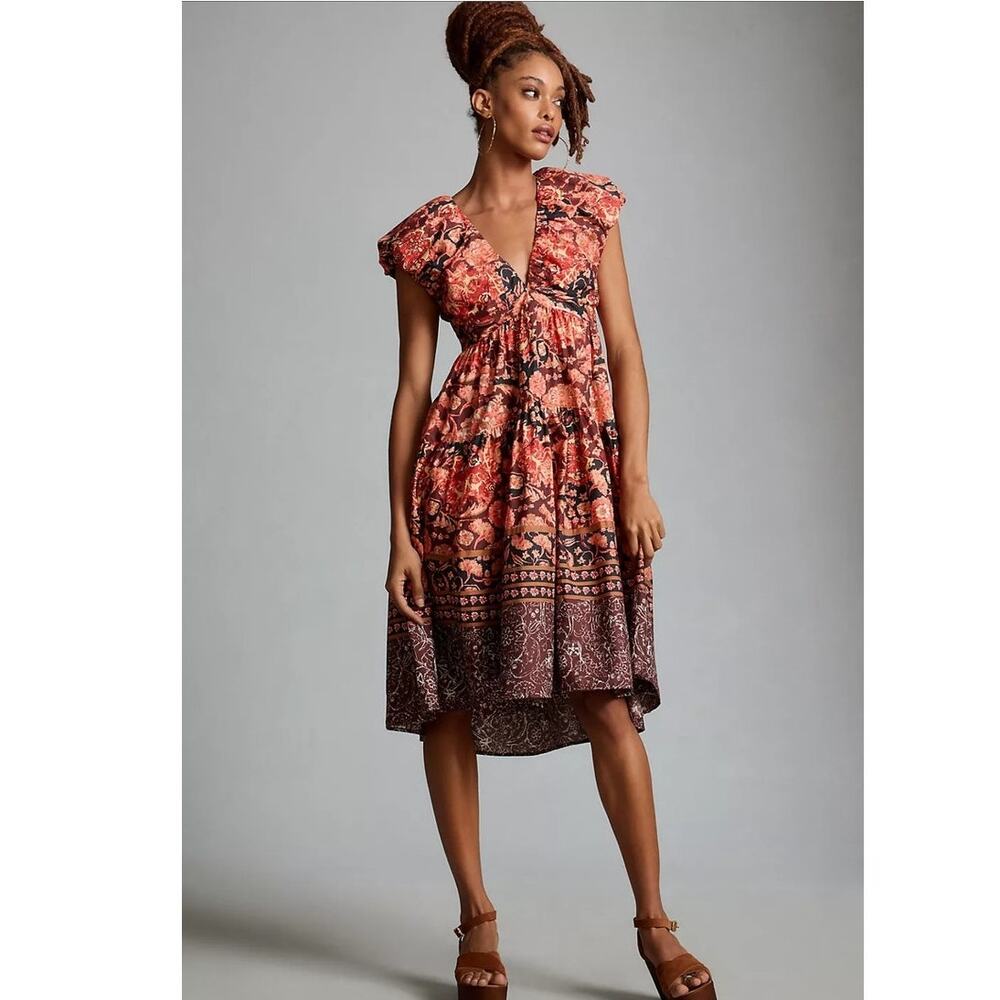 NWT By Anthropologie Printed V-Neck Babydoll Dress $170 SIZE 6 Red Floral
